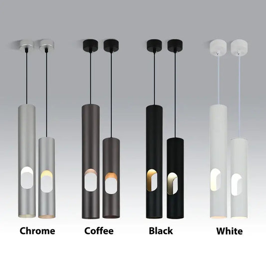 Modern cylindrical pendant lights in chrome coffee black and white finishes for decorbites led tube surface mount use