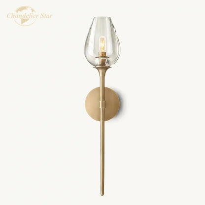 A sleek brass decorbites led tulip wall sconce with clear glass teardrop shade and exposed filament bulb for indoor use