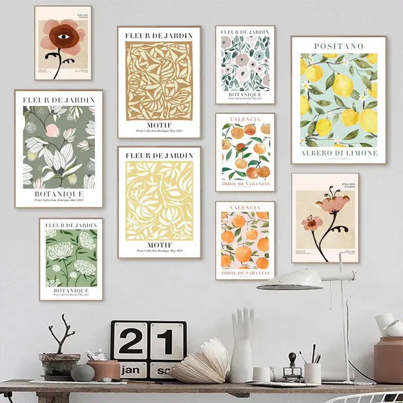 DecorBites™ lemon flower vintage plant canvas wall art featuring botanical prints with floral and fruit designs on pastel backgrounds