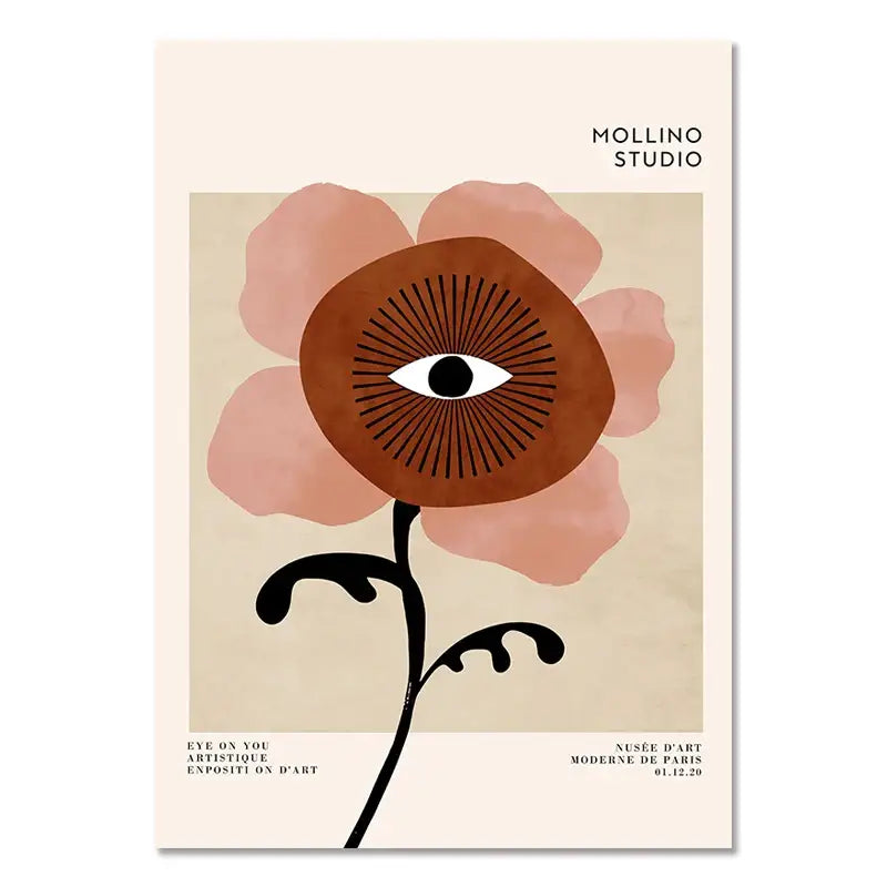A minimalist lemon flower wall art poster with soft pink petals and a vintage plant eye design by mollino studio