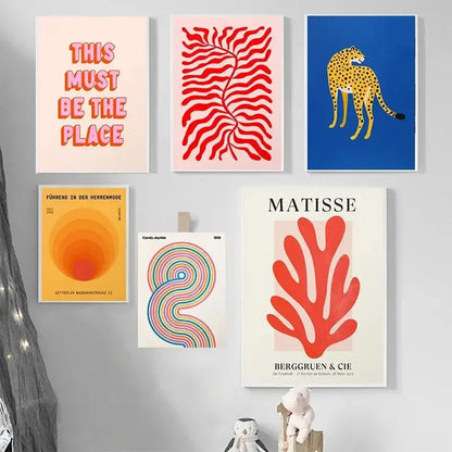 Set of six decorbites™ leopard color block abstract canvas wall art featuring bold colors and matisse coral motif