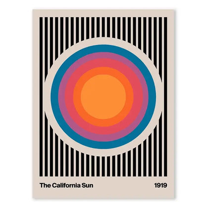 DecorBites™ leopard color block abstract canvas wall art with vintage concentric circles in orange pink and blue hues