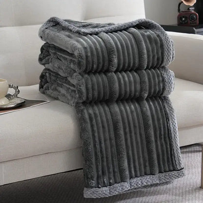 Stacked gray corduroy decorbites light luxury sofa blanket with plush fuzzy lining for bedroom or living room use