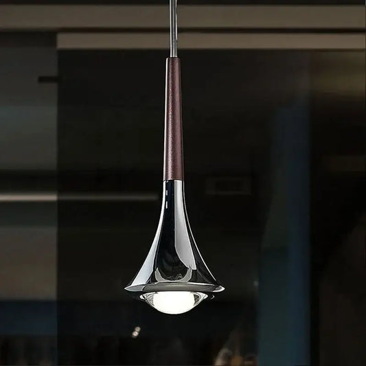 Modern decorbites chandelier with sleek chrome finish and dark brown wood accent in trumpet-shaped light luxury meteor design