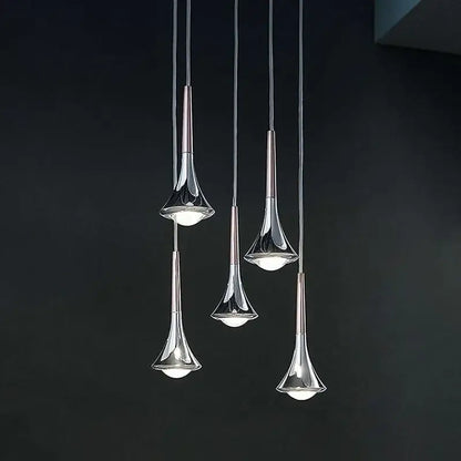 Modern chrome-finished decorbites chandelier with light luxury meteor trumpet glass shades and thin cables for living room