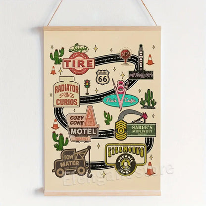 Beige wall hanging art print with vintage route 66 design featuring retro signs and classic americana for cars movie fans