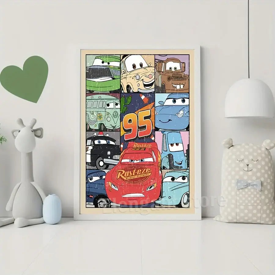 A framed DecorBites™ art print featuring colorful animated cars with red Lightning McQueen from Cars movie theme