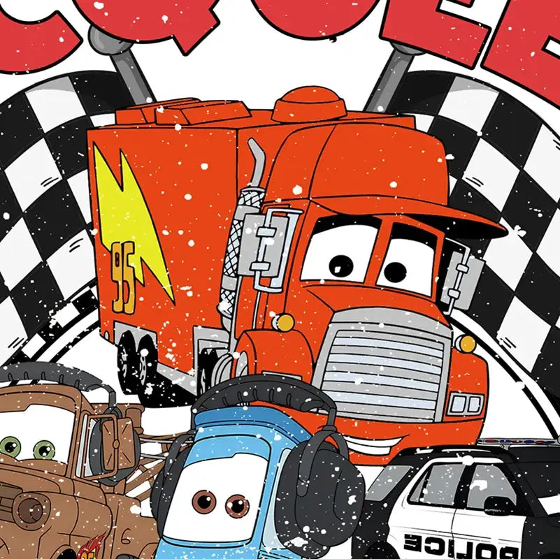 Red racing truck with yellow lightning bolt and number 95 in lightning mcqueen cartoon car art prints by decorbites