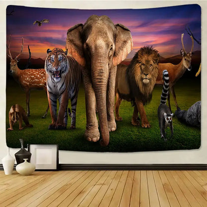 A vibrant decorbites lion tapestry featuring detailed jungle animals on a silver grassland background for bedroom decor