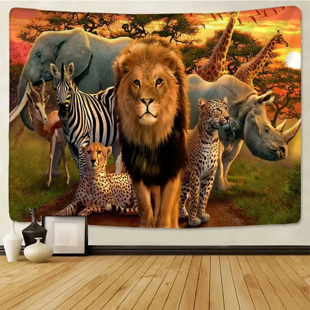 A vibrant decorbites lion tapestry featuring a golden lion and safari animals against a warm sunset backdrop