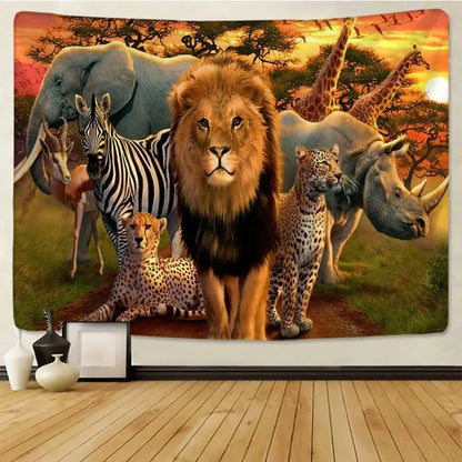 A vibrant decorbites lion tapestry featuring a golden lion and safari animals against a warm sunset backdrop