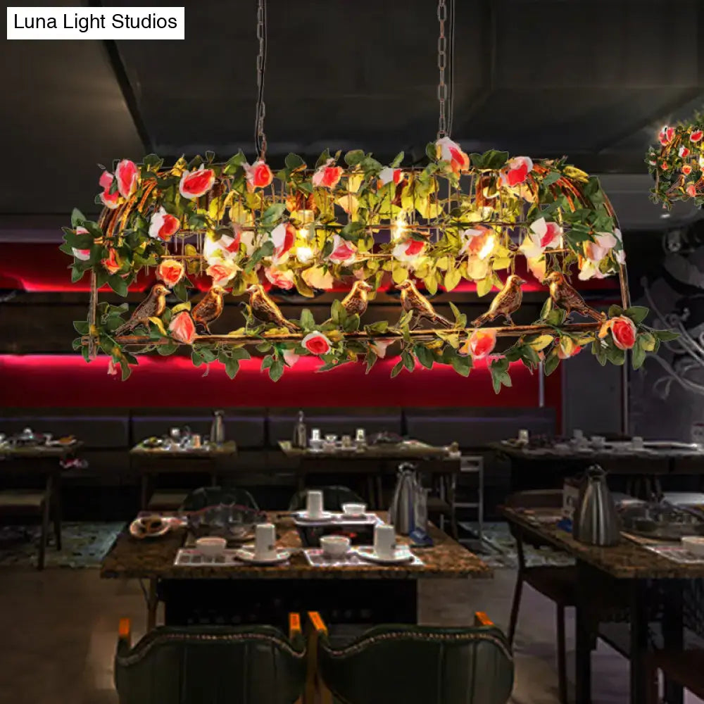 DecorBites™ loft style iron birdcage pendant bulbs island lamp with artificial pink and white roses and green leaves