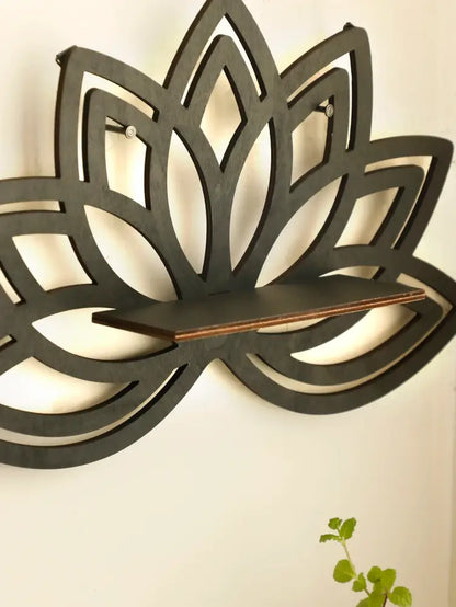 Decorbites™ black wooden lotus floating wall shelf with a flat narrow platform for multi-style home decor display