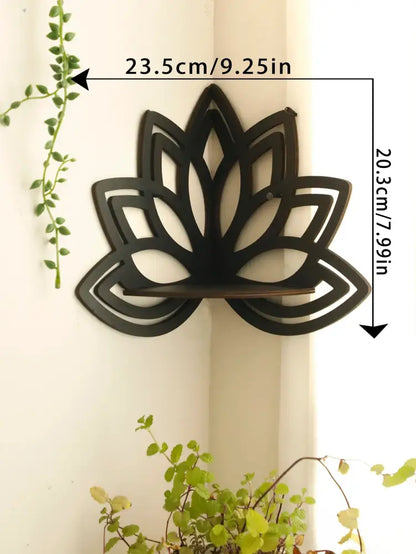 Black metal lotus floating wall shelf with central wooden slat for multi-style home decor by decorbites