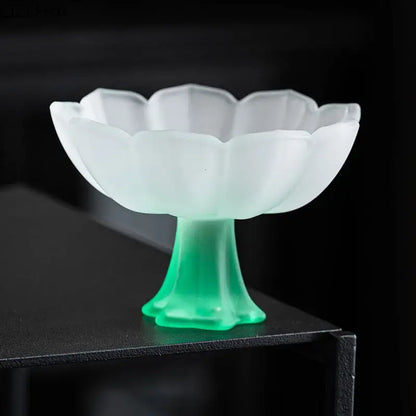 Translucent frosted glass dessert bowl with lotus flower design and vibrant green stem from decorbites lotus flower glass set
