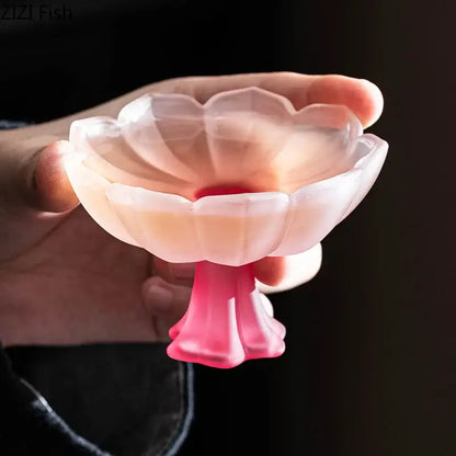 DecorBites lotus flower glass tea cups set of 2 in translucent pink and white flower-shaped dessert bowls with glossy finish