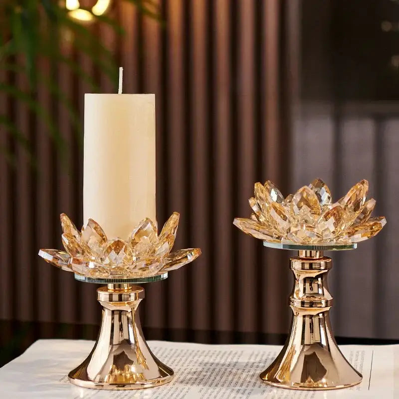Golden crystal lotus glass flower candle holder with metallic stem and glass base for elegant home decor by DecorBites