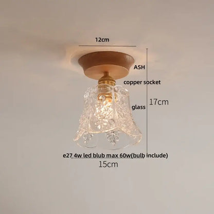 Decorbites lotus glass led ceiling light with clear etched glass bell pendant, brass copper socket, and ash wood mount