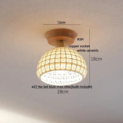 Warm-toned white ceramic ceiling light with natural wood base and copper socket decorbites lotus glass led modern nordic design