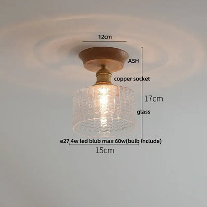 Ceiling light decorbites lotus glass led with warm wooden base brass copper socket and textured clear honeycomb glass shade