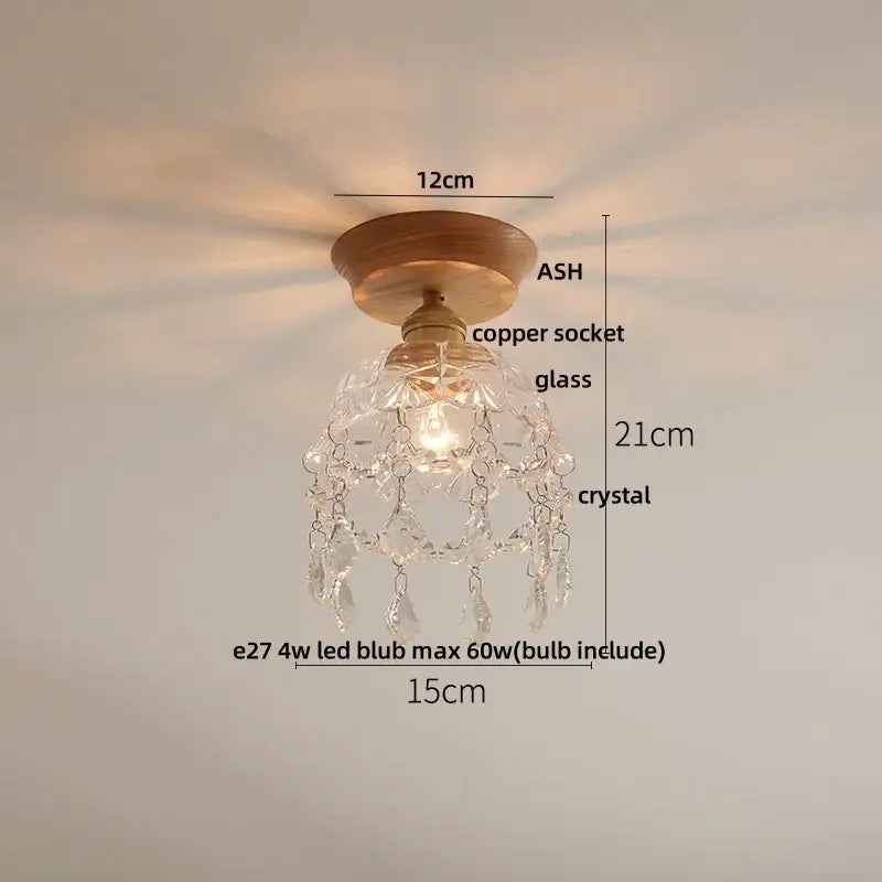 Decorbites lotus glass led ceiling light with warm wood base copper socket and cascading clear glass crystals