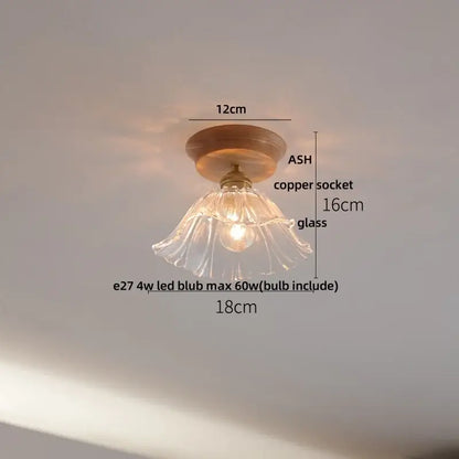 DecorBites lotus glass led ceiling light with a clear fluted glass pendant and warm wooden ceiling mount in copper base