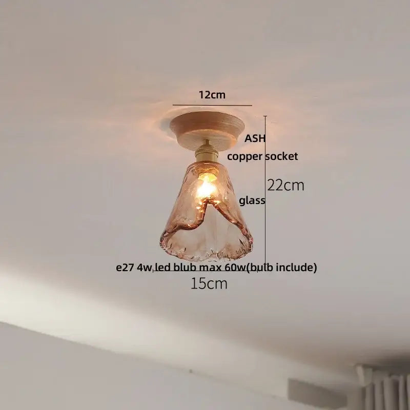 Decorbites lotus glass led ceiling light with warm-toned hand-blown glass pendant copper socket and ash wood base