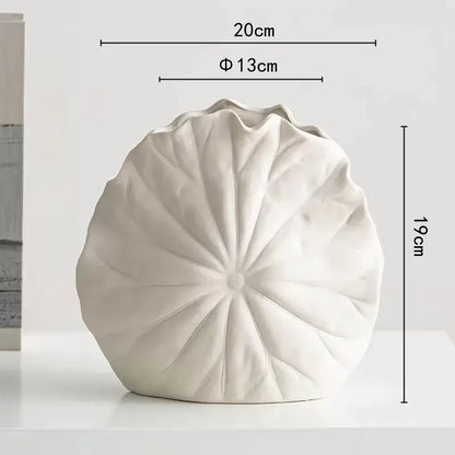 White decorbites lotus leaf ceramic vase with radiating ridges for floral arrangement and room decoration