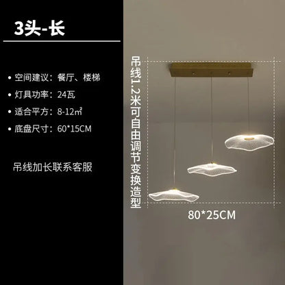 Modern gold-toned decorbites lotus leaf chandelier with three acrylic fan-shaped led fixtures suspended by cords