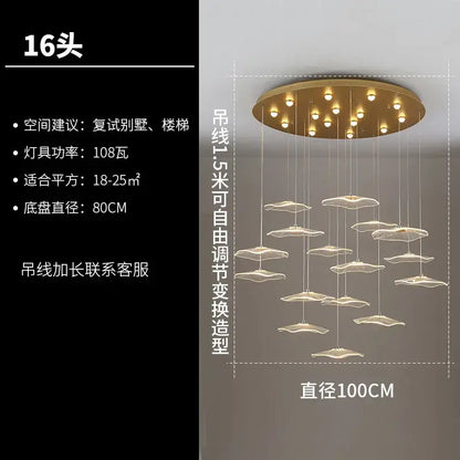 Modern gold-toned decorbites lotus leaf chandelier with 16 acrylic cloud-shaped LED pendant lights for luxury spaces