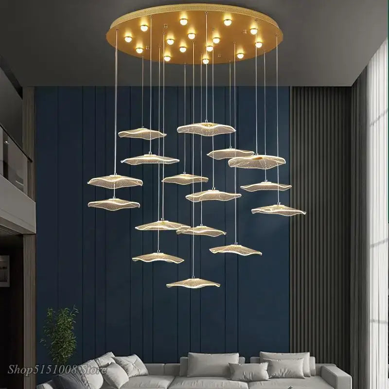 Modern gold-toned decorbites lotus leaf chandelier with lotus-shaped acrylic LED pendant lights for villa and living room
