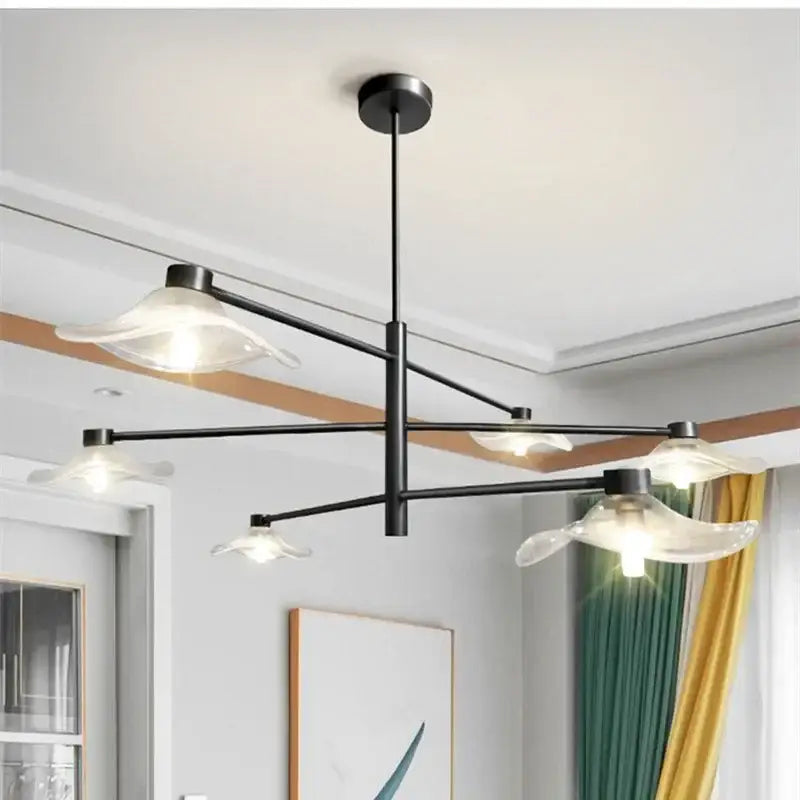 Modern black metal ceiling chandelier with five translucent lotus leaf glass lampshades by DecorBites Lotus Leaf