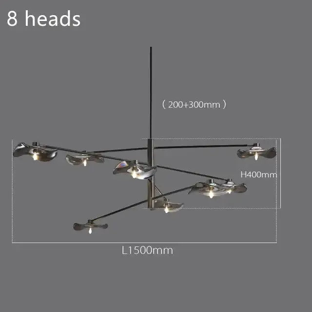 Modern black metal ceiling chandelier with eight lotus leaf glass fixtures by DecorBites for bedroom or living room lighting