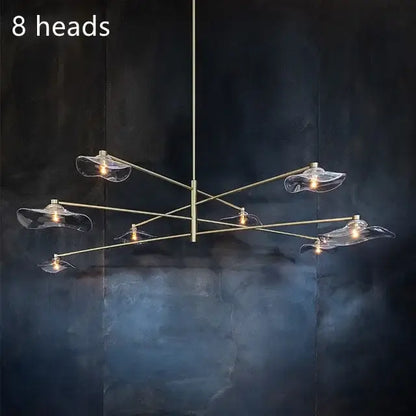 Modern brass ceiling chandelier with eight clear lotus leaf glass lampshades by decorbites lotus leaf for living room lighting