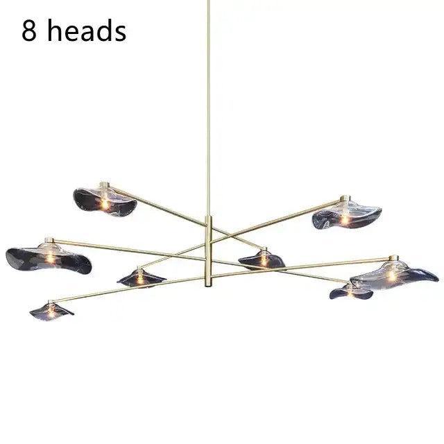 Modern brass ceiling chandelier with eight dark-tinted lotus leaf glass lampshades by DecorBites lotus leaf design