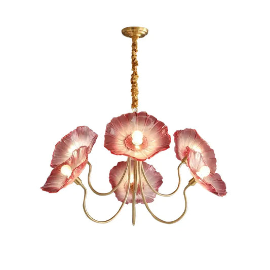 Elegant pink DecorBites lotus leaf glass ceiling chandelier with gold-toned metal arms and twisted chain featuring E14 bulb