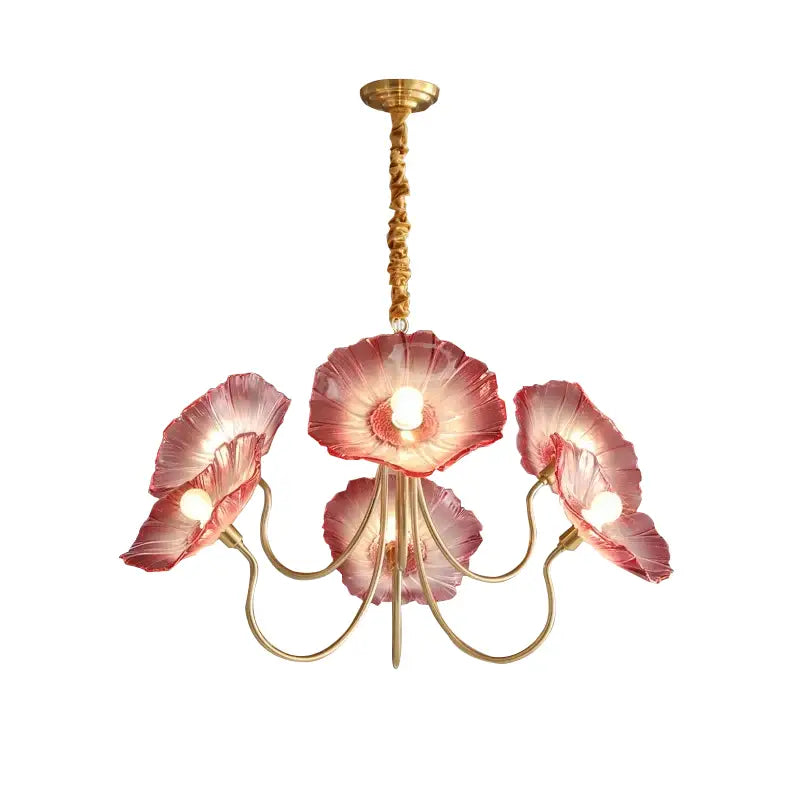 Elegant pink DecorBites lotus leaf glass ceiling chandelier with gold-toned metal arms and twisted chain featuring E14 bulb