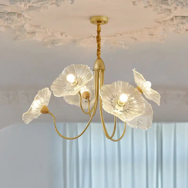 Gold-toned DecorBites lotus leaf glass ceiling chandelier with five translucent petal-shaped shades and E14 bulb