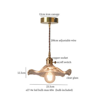 Decorbites lotus leaf glass pendant light with brass iron canopy copper socket and clear ornate wing shaped shade