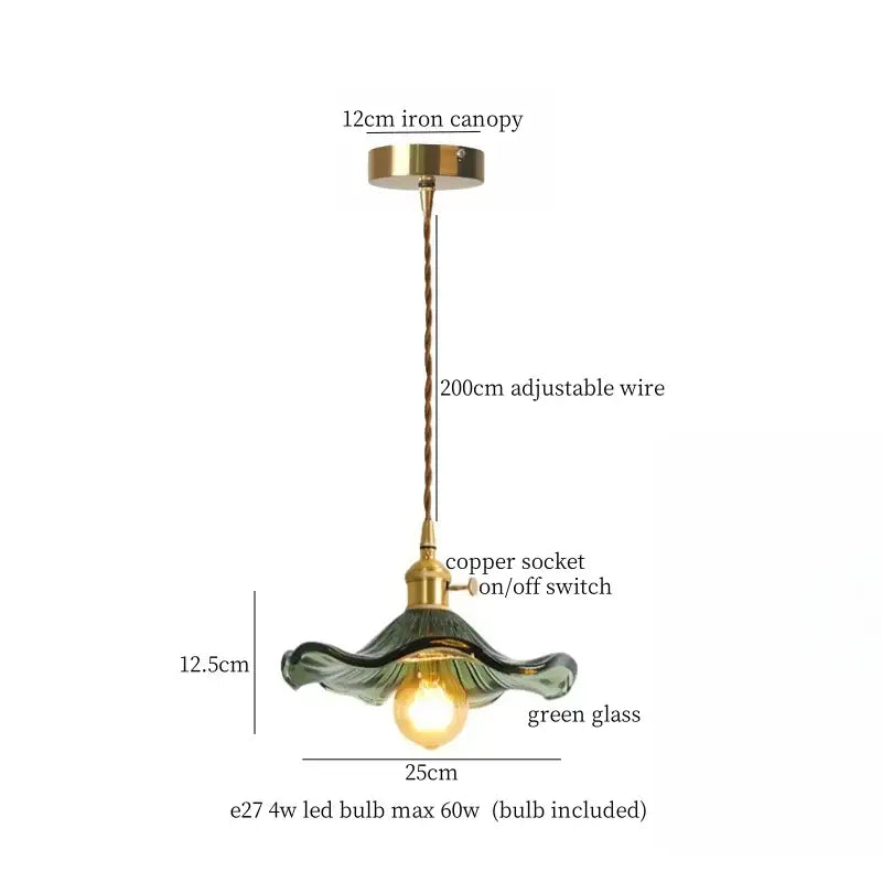 Green glass pendant light decorbites lotus leaf with 12cm iron canopy and adjustable copper wire for living dining bedroom