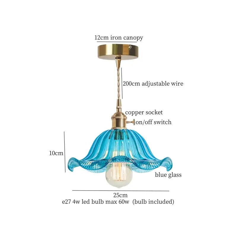 Decorbites lotus leaf blue glass pendant light with fluted petal design and brass metal accents for living spaces