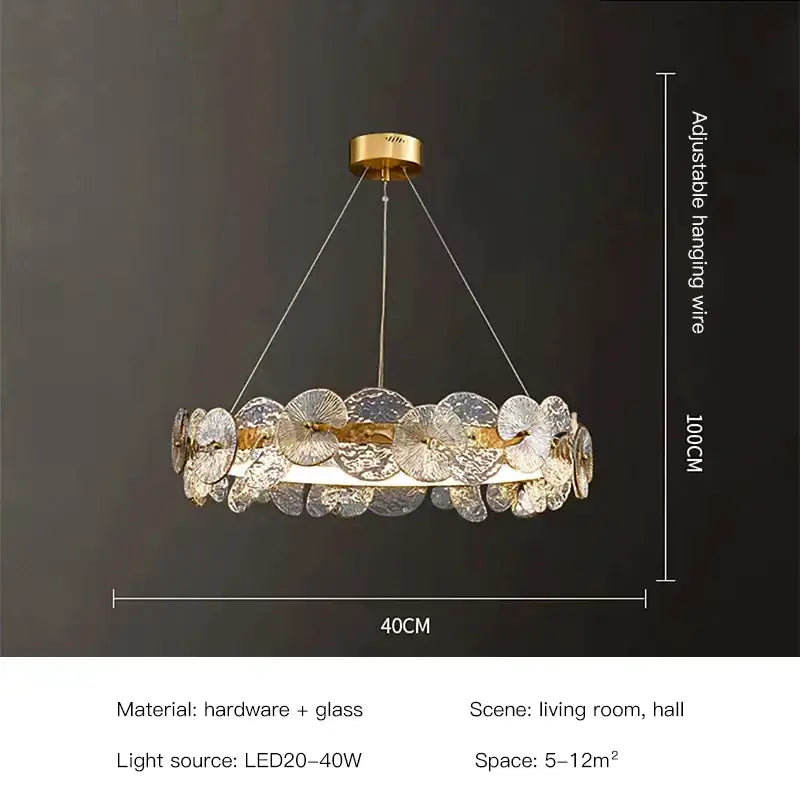 Gold-toned decorbites lotus leaf led chandelier with circular translucent textured glass discs for living room lighting