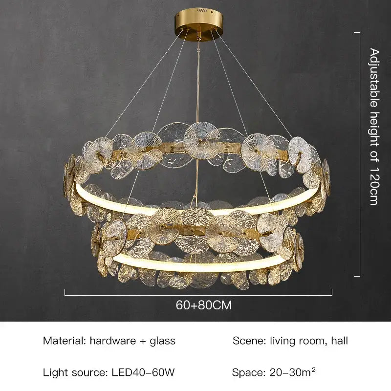 Gold-toned double-ring lotus leaf led chandelier with translucent fan-shaped glass discs for modern living room lighting
