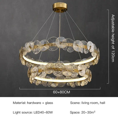 Gold-toned double-ring lotus leaf led chandelier with translucent fan-shaped glass discs for modern living room lighting