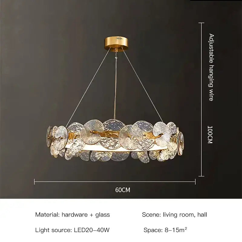Gold-toned lotus leaf LED chandelier with circular textured glass discs suspended by adjustable wires for modern lighting
