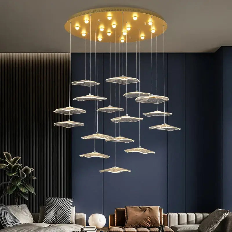 Decorbites lotus leaf led pendant chandelier with gold-toned circular frame and leaf-shaped hanging lights for living room