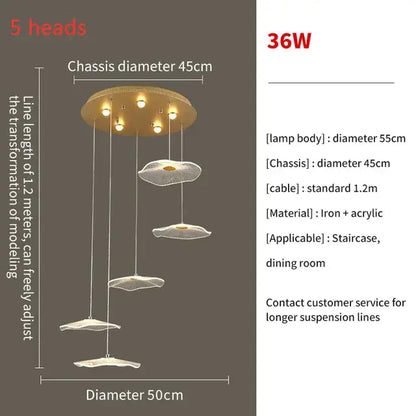 Decorbites lotus leaf led pendant chandelier with golden circular chassis and white acrylic petal lamps for living room