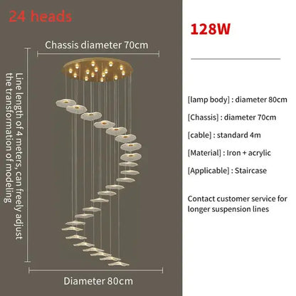 A modern decorbites lotus leaf led pendant chandelier with 24 warm iron and acrylic lights for staircase decor