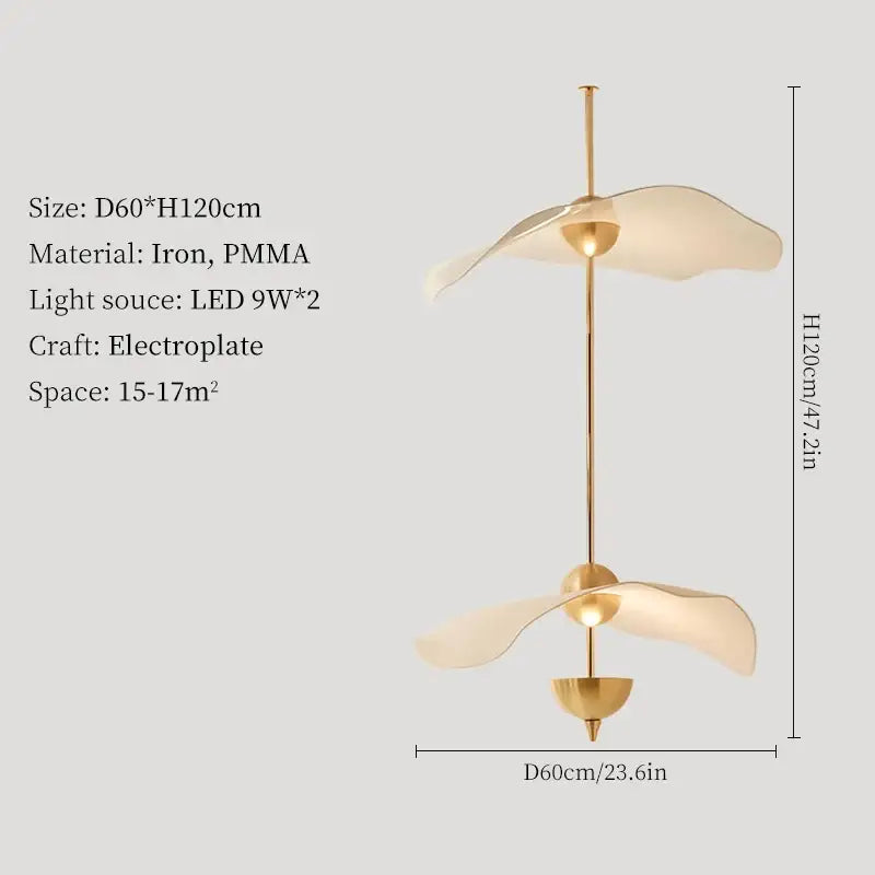 Gold electroplated iron and pmma decorbites lotus leaf pendant lamp with two translucent petal-shaped shades for luxury decor
