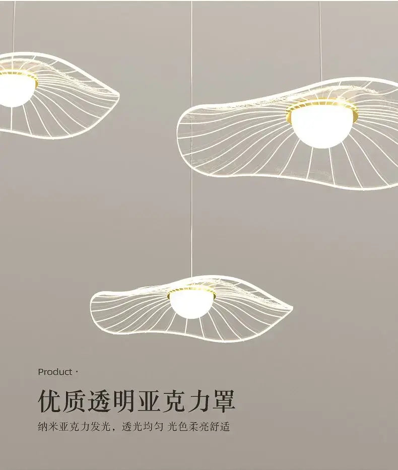 Modern white DecorBites Lotus Leaf pendant light with fan-like wireframe and translucent acrylic shades for minimalist spaces